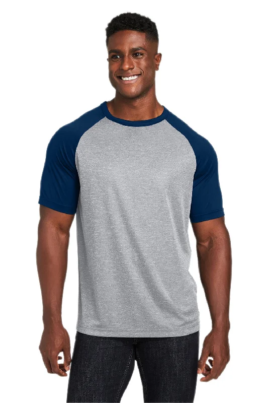 Layered Outfits Team 365 Mens Zone Colorblock Moisture Wicking Short Sleeve Crewneck T-Shirt - Heather Grey/Dark Navy Blue
