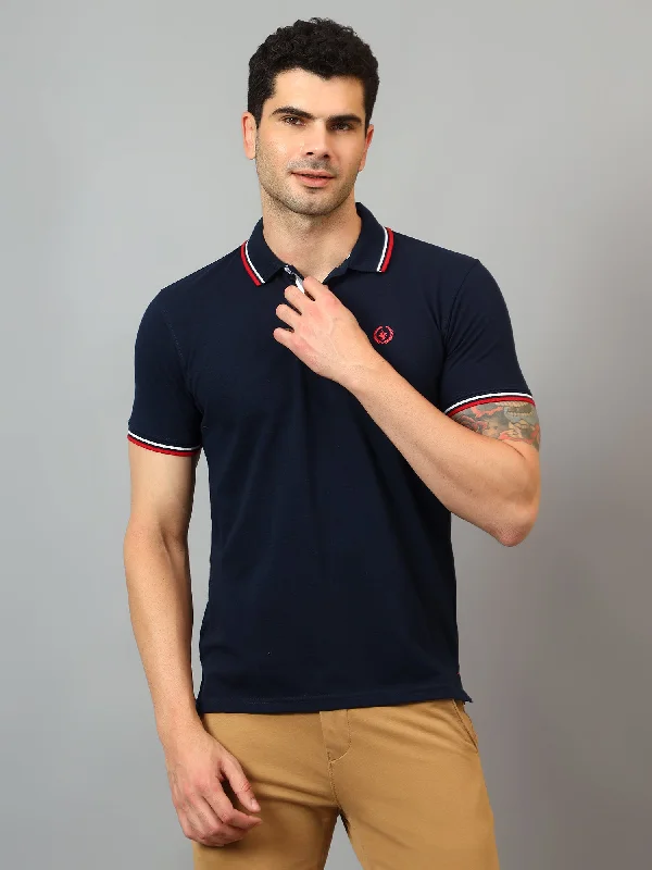Vintage Style Men's Navy Blue Polo neck Half Sleeve T-Shirt