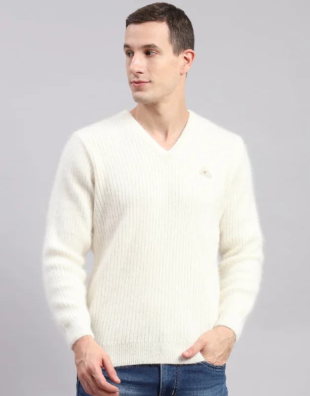 Summer Wear Men Off White Solid V Neck Full Sleeve Pullover