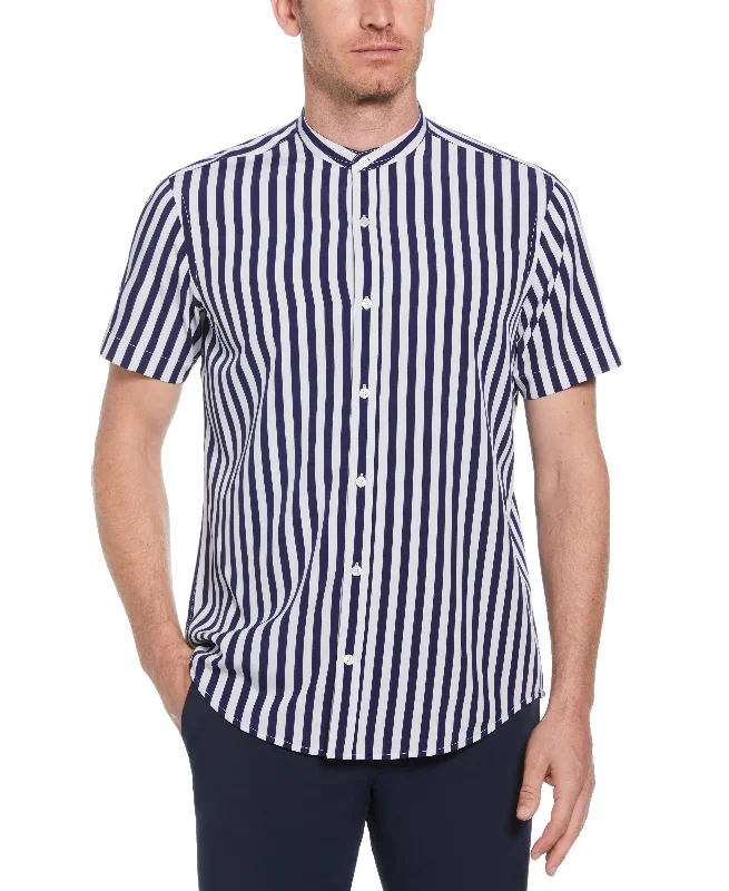 Casual Button-ups Slim Fit Single Stripe Banded Collar Shirt
