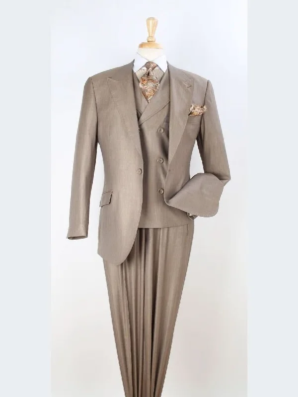 Denim Looks Apollo King Mens Big & Tall Classic Fit Tan 100% Wool 3 Piece Pleated Suit With Peak Lapels Denim Looks Apollo King Mens Big & Tall Classic Fit Tan 100% Wool 3 Piece Pleated Suit With Peak Lapels