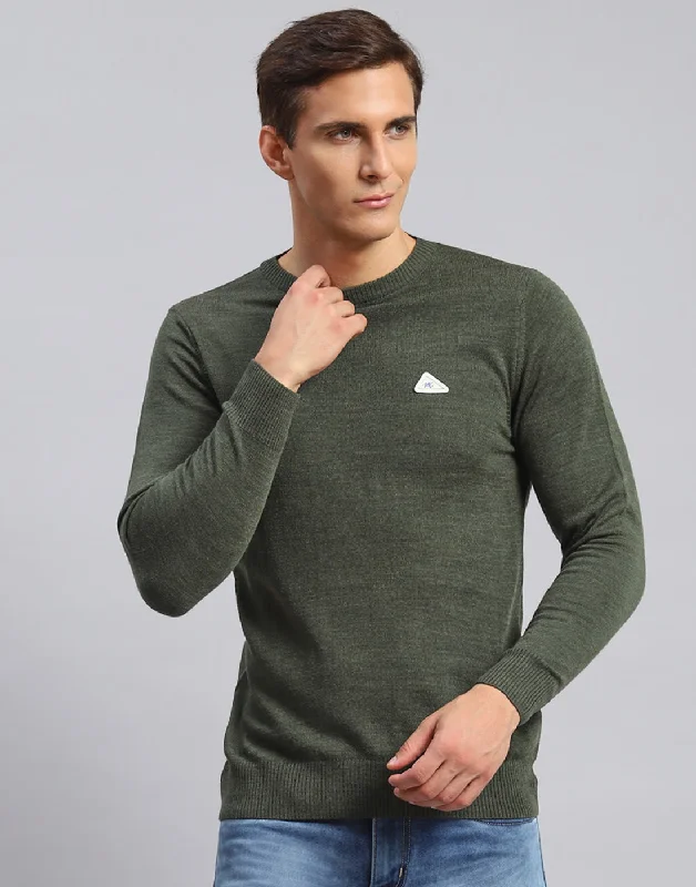 Sporty Wear Men Green Solid Round Neck Full Sleeve Pullover