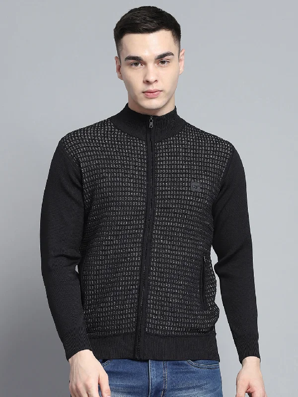 Classic Fits Men Black Self Design Mock Neck Full Sleeve Pullover