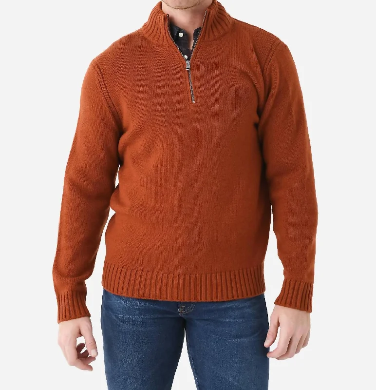 Streetwear Clothing Wool-Cashmere Relaxed Quarter-Zip Sweater In Rust Amber