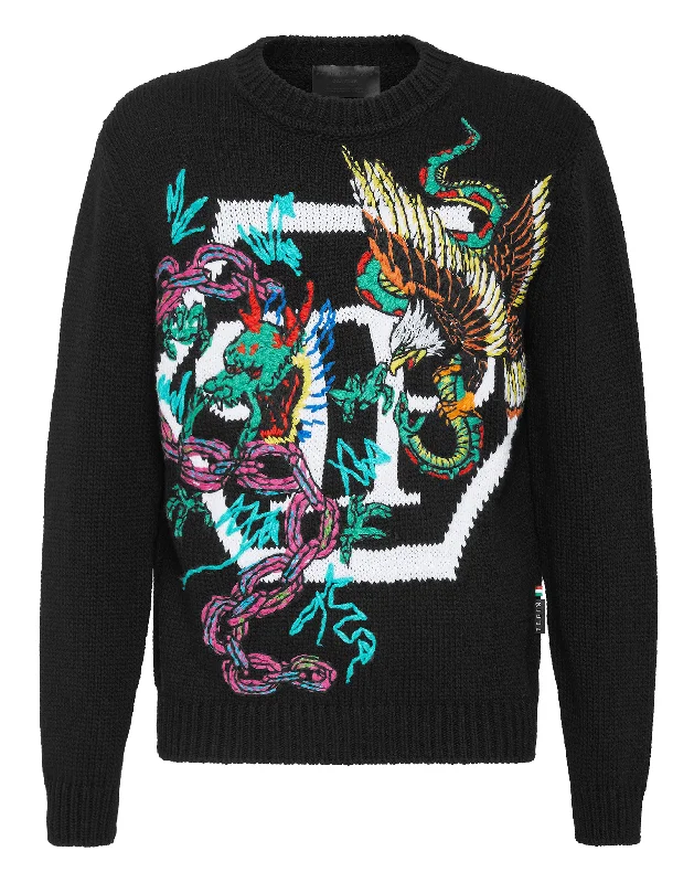 Casual Shoes Wool Cotton Pullover Round Neck LS Tattoo Patches
