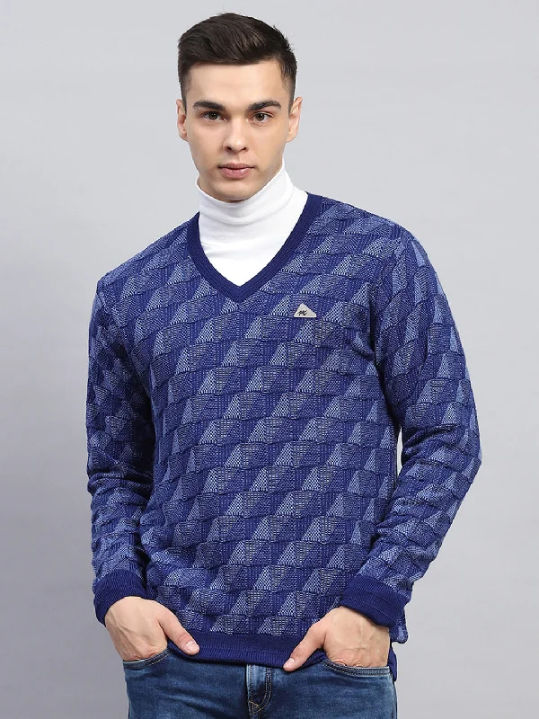 Trendy Tees Men Blue Self Design V Neck Full Sleeve Pullover