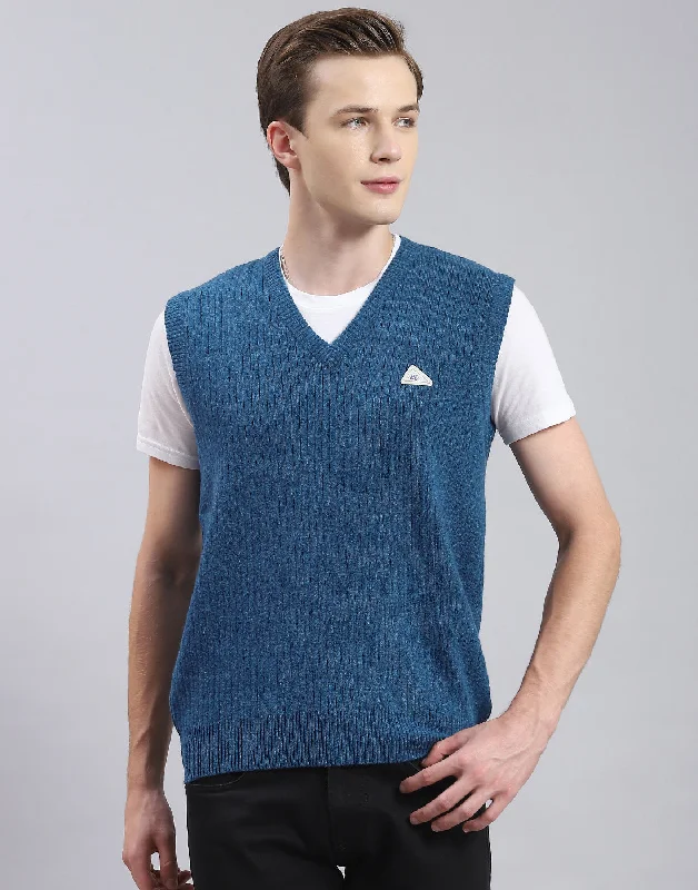 Cool Pieces Men Blue Solid V Neck Sleeveless Sweater