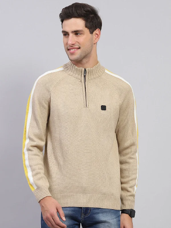Sporty Wear Men Beige Solid Mock Neck Full Sleeve Pullover