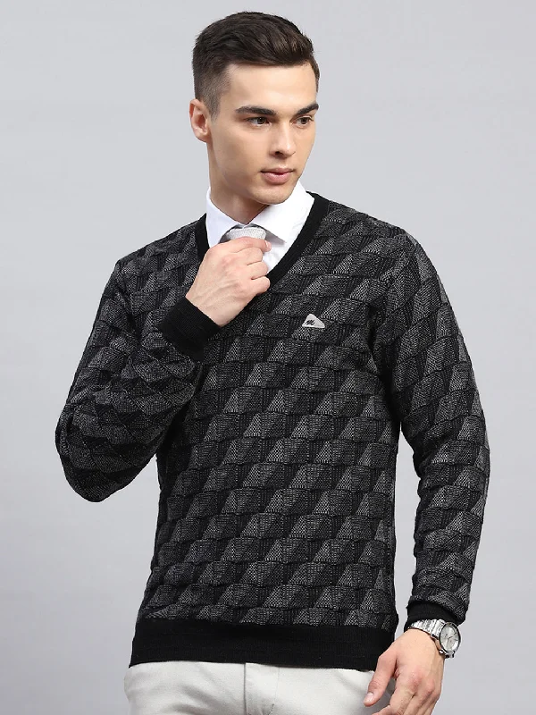 Urban Fashion Men Black Self Design V Neck Full Sleeve Pullover