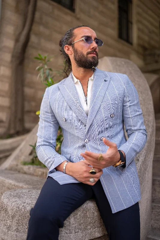 Bojoni Leclerc Sky Blue Slim Fit Double Breasted Striped Blazer