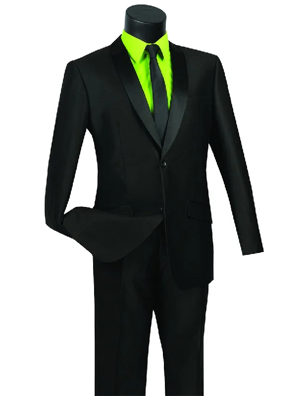 Mens 2 Button Shawl/Peak Hybrid Sharkskin Tuxedo in Black