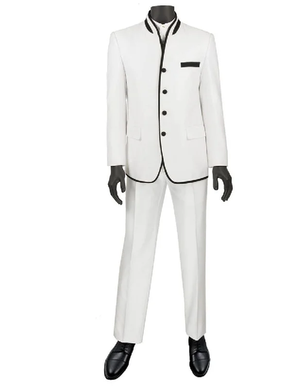 Mens 4 button Mandarin Tuxedo in Sharkskin White with Black Trim