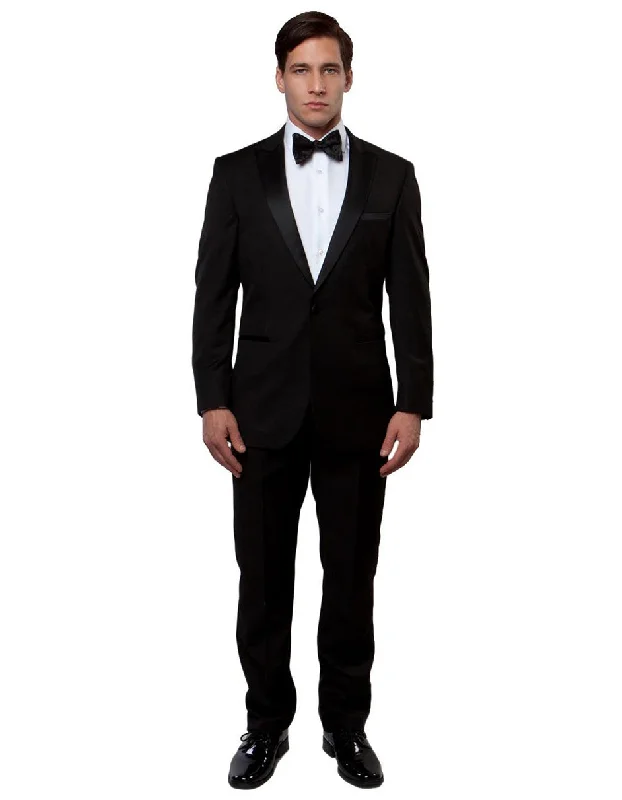 Mens Modern Fit 1 Button Peak Wool Tuxedo in Black