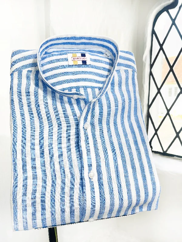 BLUE AND WHITE STRIPE LONG SLEEVE LINEN SHIRT