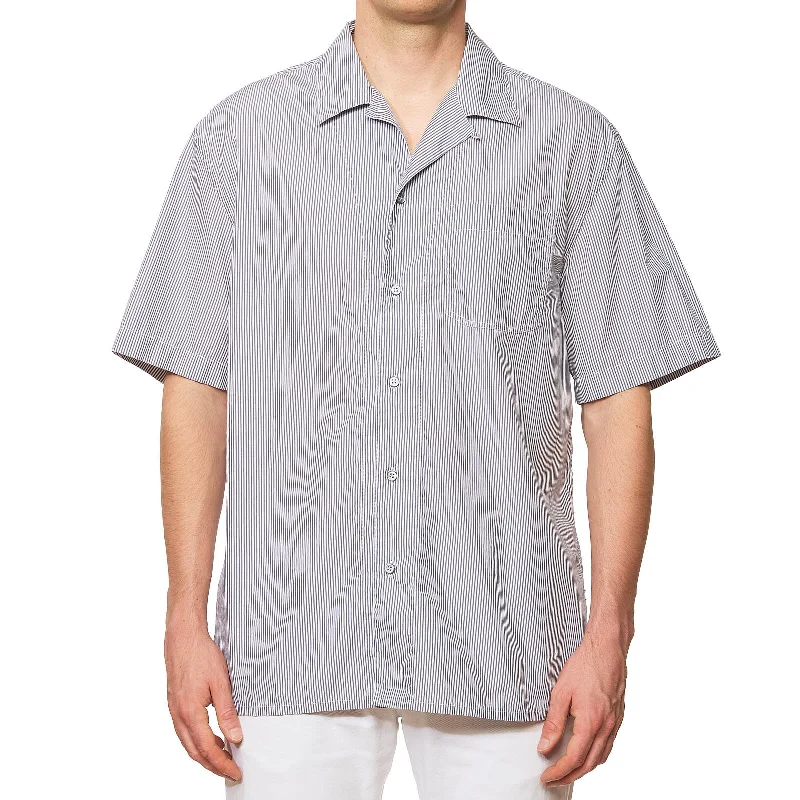 BRIONI Handmade "Giza 87" Gray Striped Short Sleeve Shirt NEW XL