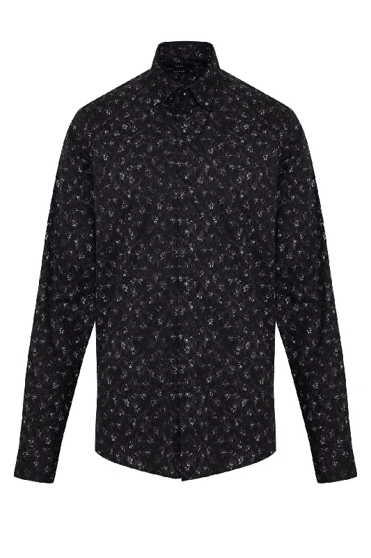 Comfort Fit Floral Printed Cotton Black Casual Shirt