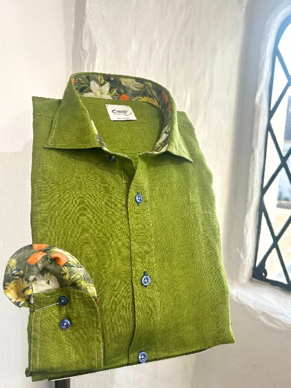 GREEN LINEN LONG SLEEVE SHIRT WITH FRUIT AND BIRD TRIM