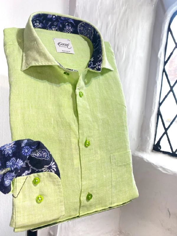 GREEN LONG SLEEVE LINEN SHIRT WITH NAVY TRIM