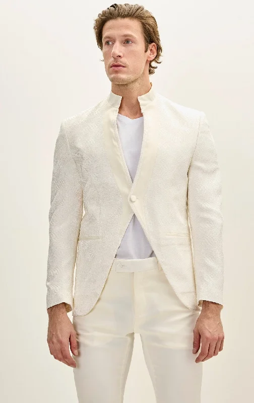 Men's Embellished Satin Mandarin Collar Tuxedo Jacket - White