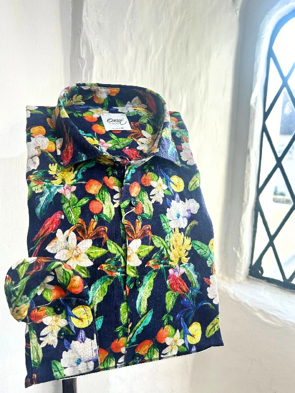 NAVY FRUIT AND BIRD PRINT LINEN SHIRT