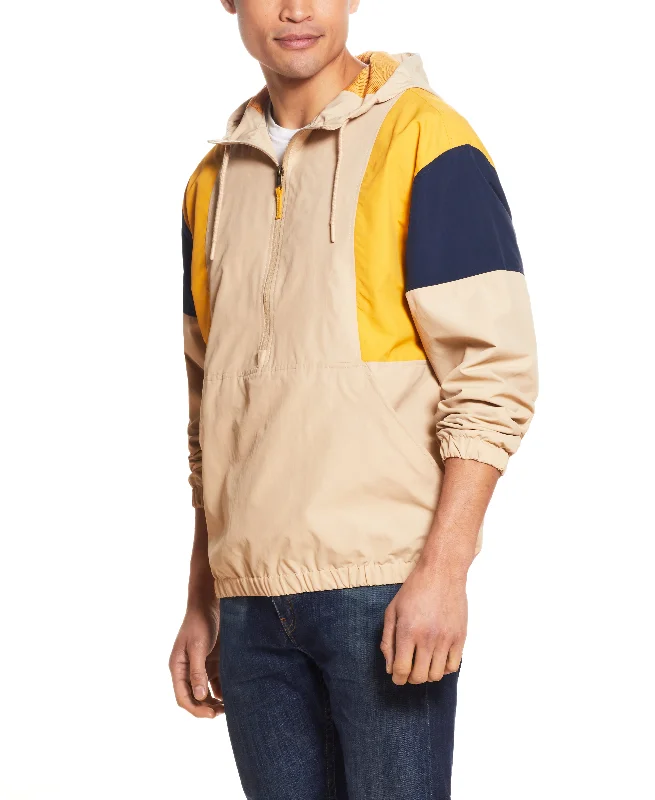 Quarter-Zip Hooded Nylon Pop Over In Pale Khaki