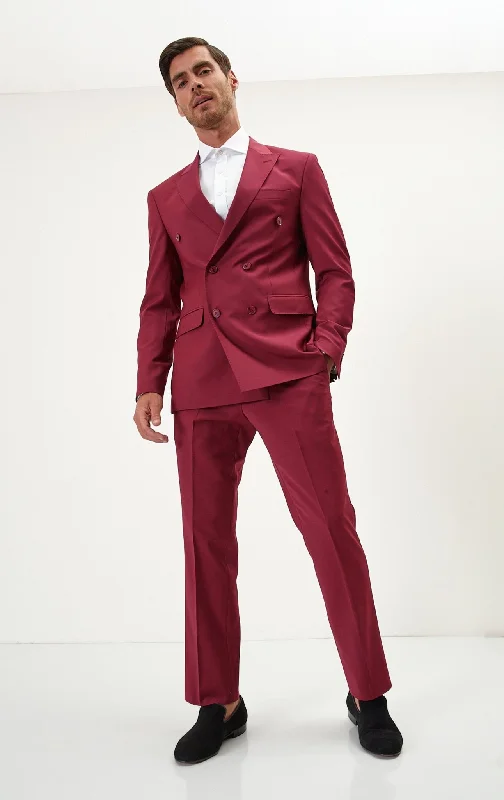 Super 120S Merino Wool Double Breasted Suit - Currant Maroon