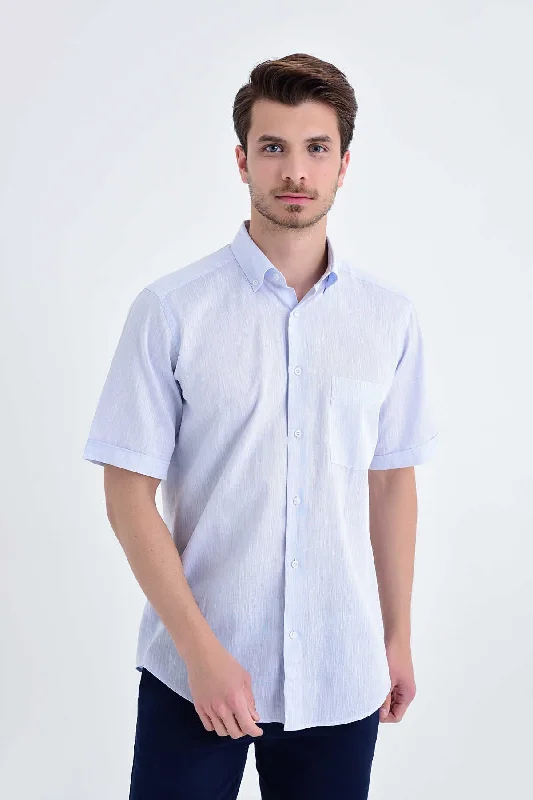 Regular Fit Linen & Cotton Blend Ice Blue Casual Shirt