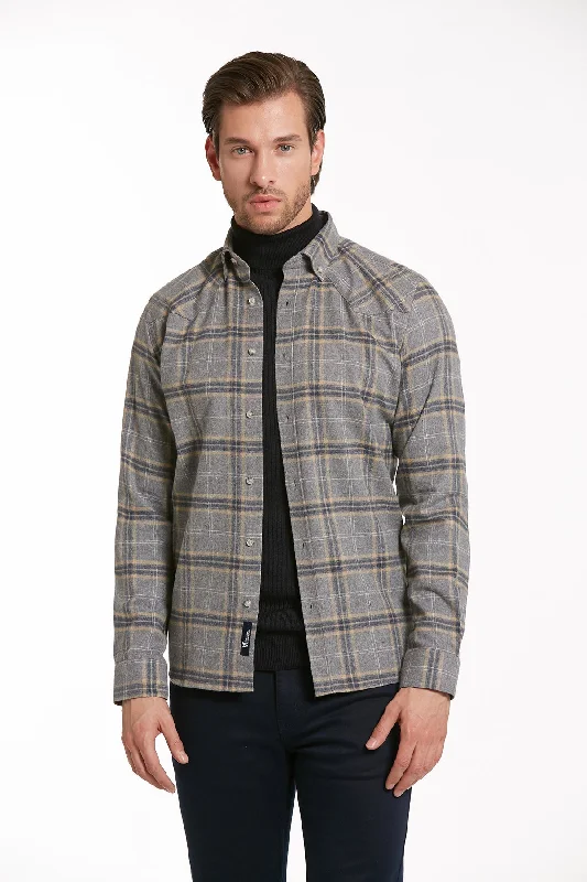 Slim Fit Long Sleeve Checked Cotton Blend Casual Shirt, Gray K.