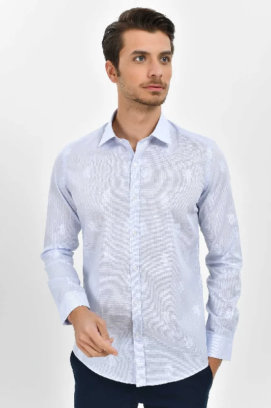 Slim Fit Long Sleeve Cotton Floral Blue Casual Shirt