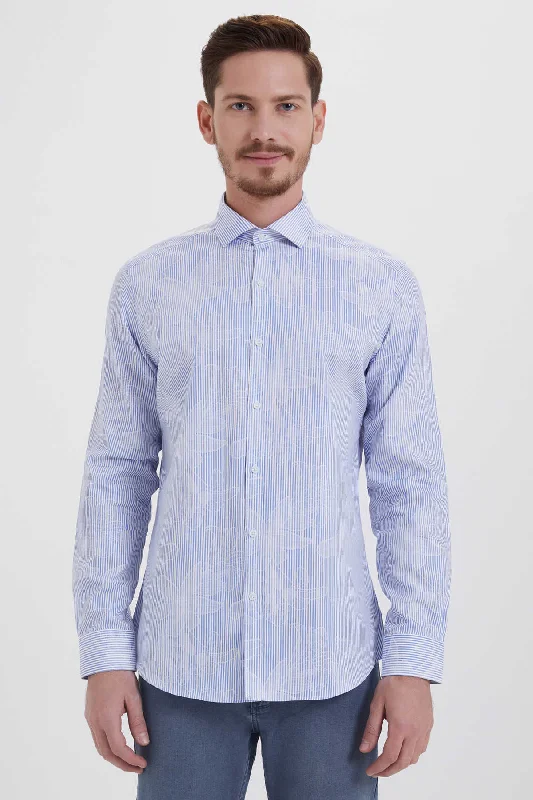 Slim Fit Long Sleeve Cotton Floral Striped Blue Casual Shirt