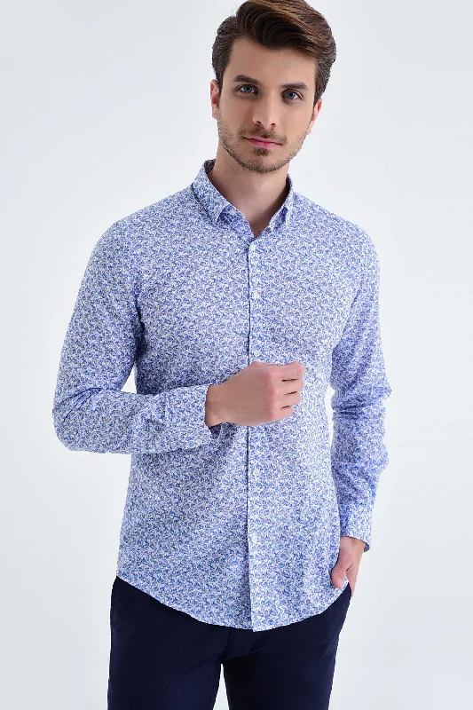 Slim Fit Long Sleeve Floral Printed Cotton Blue Casual Shirt