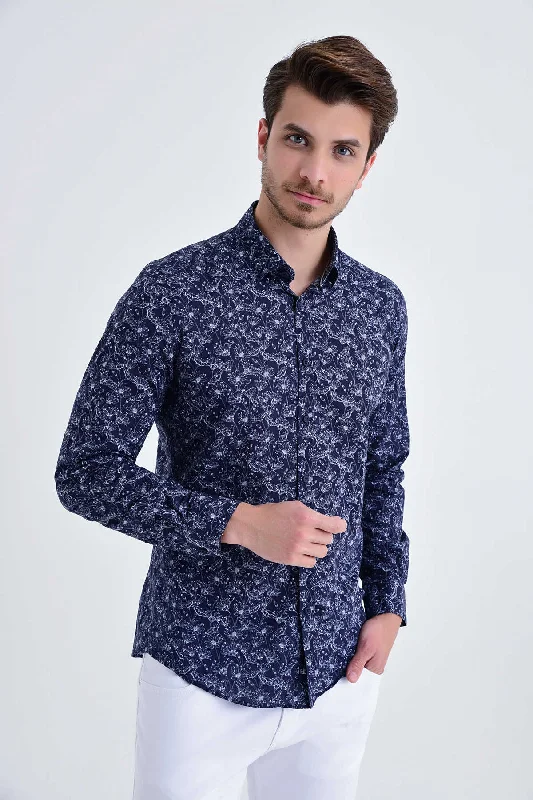 Slim Fit Long Sleeve Floral Printed Cotton Navy Casual Shirt