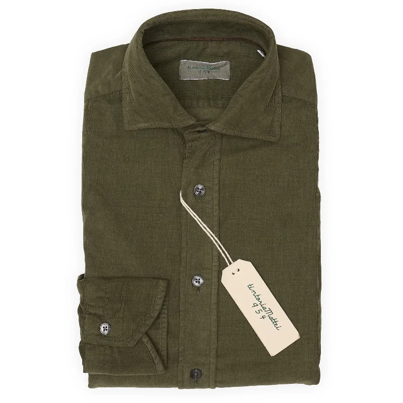 TINTORIA MATTEI 954 Olive Corduroy Cotton-Elastane Shirt EU 38 NEW US 15