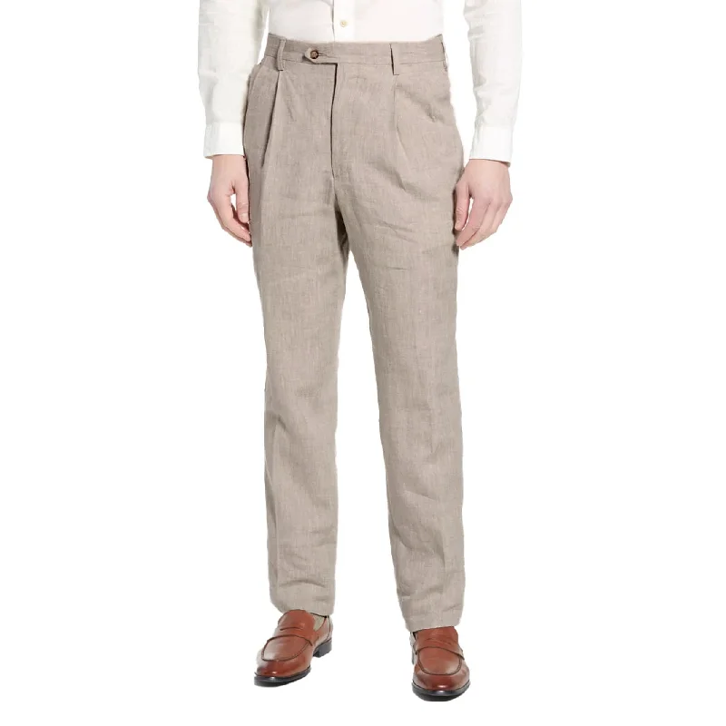 Classic Linen Pant in Light Tan (Milan Double Reverse Pleat) by Berle