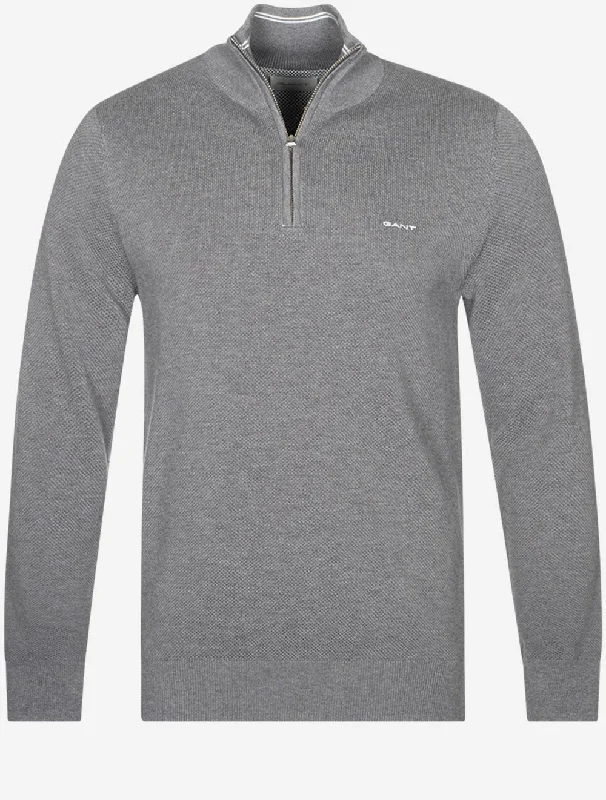 Cotton Pique Half Zip Dark Grey Melange