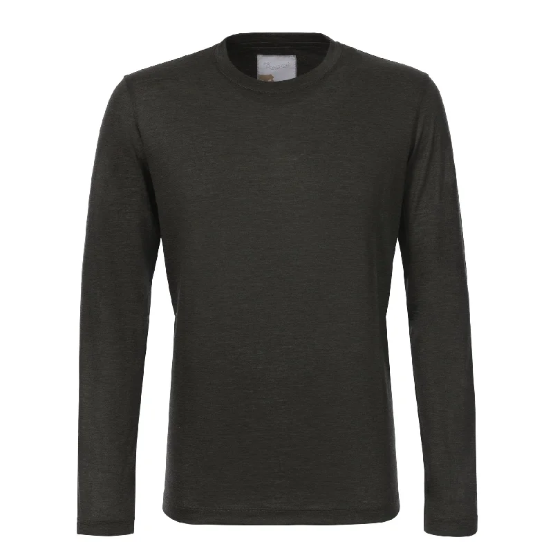 Crew-Neck Cashmere Long Sleeve T-Shirt in Dark Green