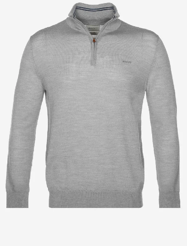 Extra Fine Merino Wool Half Zip Grey Melange