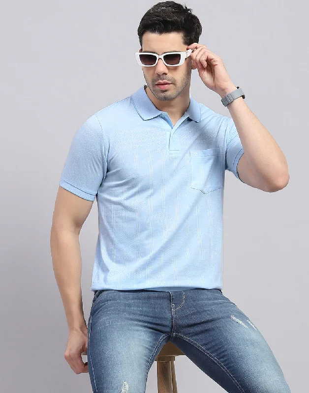 Men Blue Printed Polo Collar Half Sleeve T-Shirt