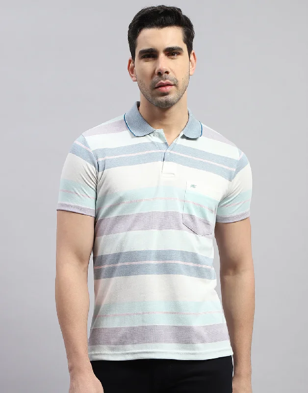 Men Blue Stripe Polo Collar Half Sleeve T-Shirt