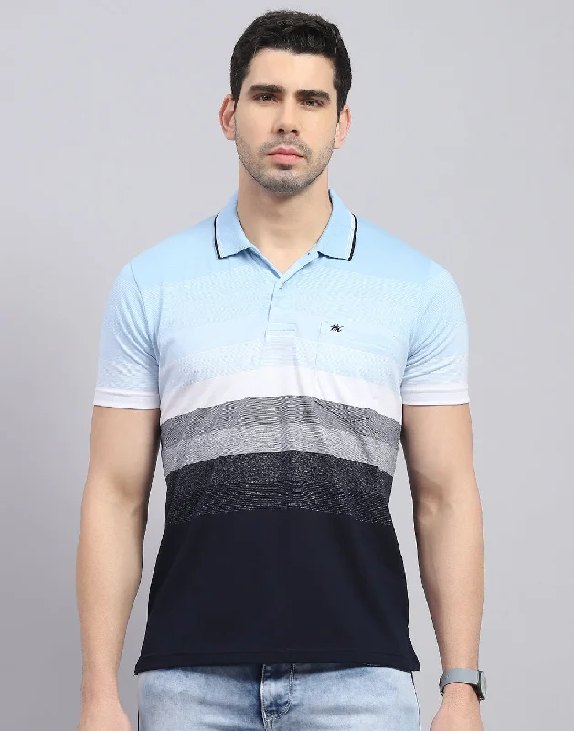 Men Blue Stripe Polo Collar Half Sleeve T-Shirt