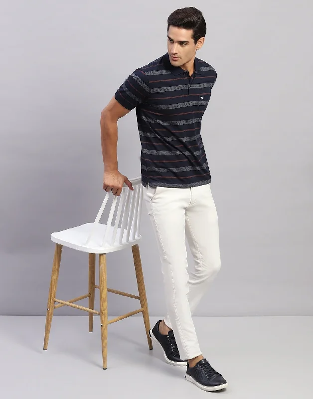 Men Navy Blue Stripe Polo Collar Half Sleeve T-Shirt