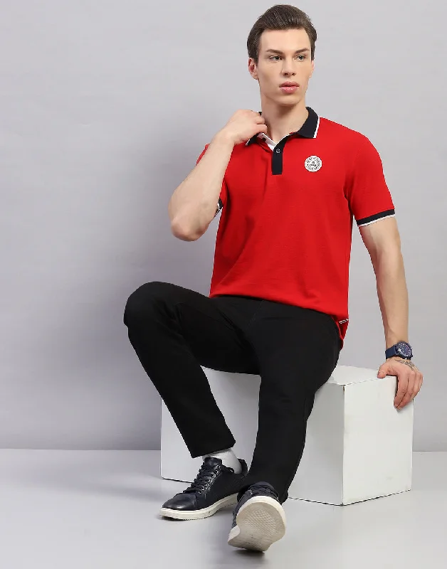 Men Red Solid Polo Collar Half Sleeve T-Shirt