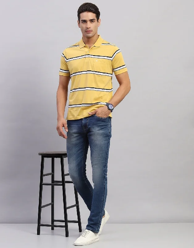 Men Yellow Stripe Polo Collar Half Sleeve T-Shirt