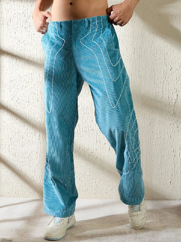 Teal Wavy Embroidery Baggy Corduroy Trousers