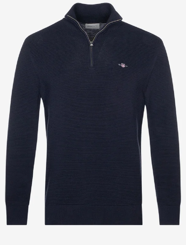 Textured Cotton Half Zip Evening Blue