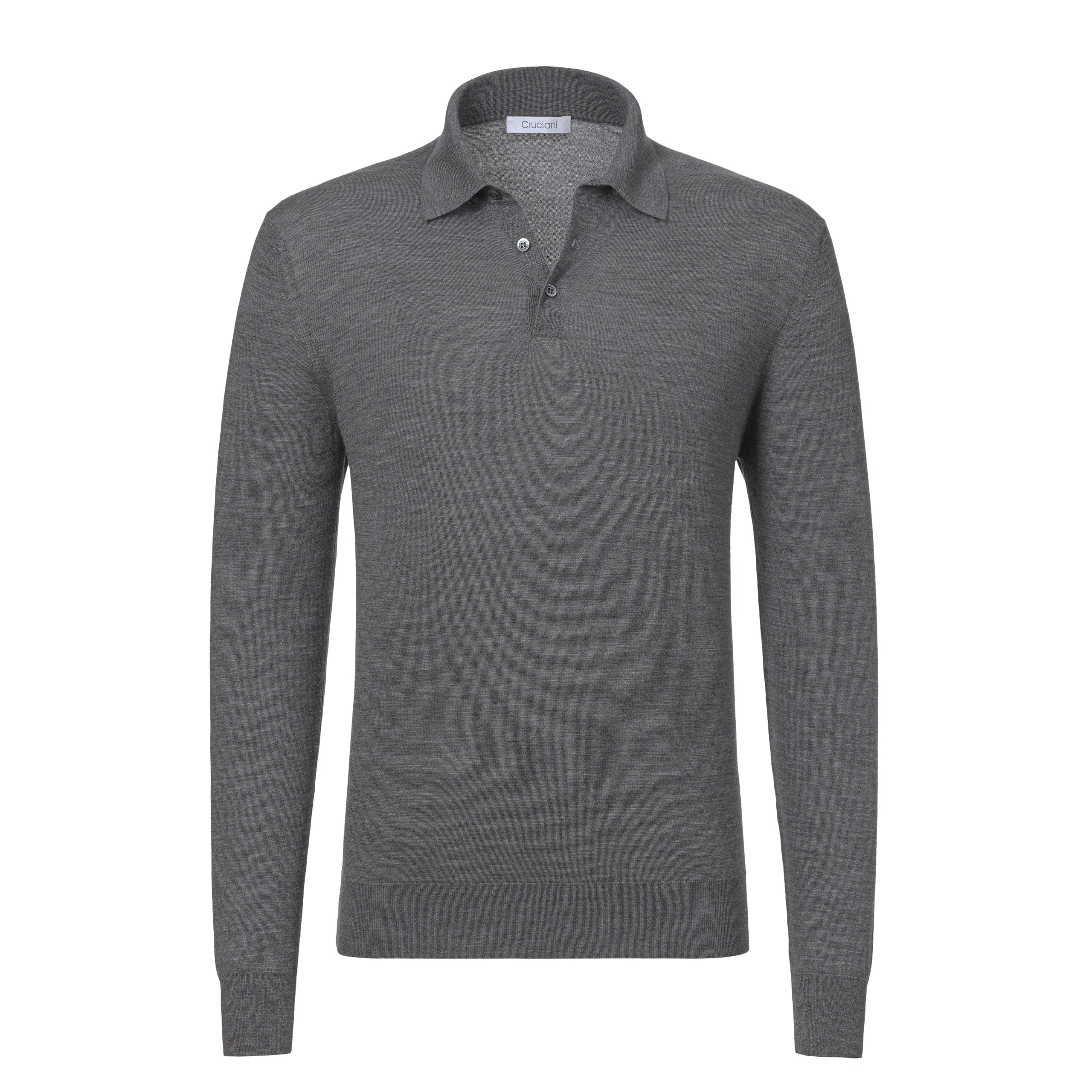 Wool Sweater Polo Shirt in Medium Grey Melange