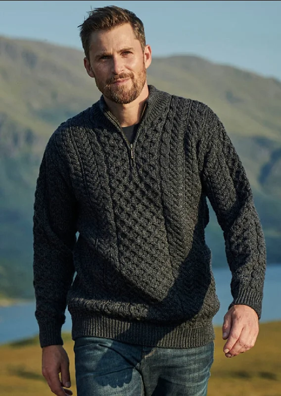 Ballycroy Mens Aran Half Zip Sweater | Charcoal