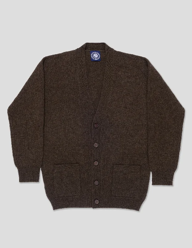 LAMBSWOOL V NECK CARDIGAN - DARK BROWN