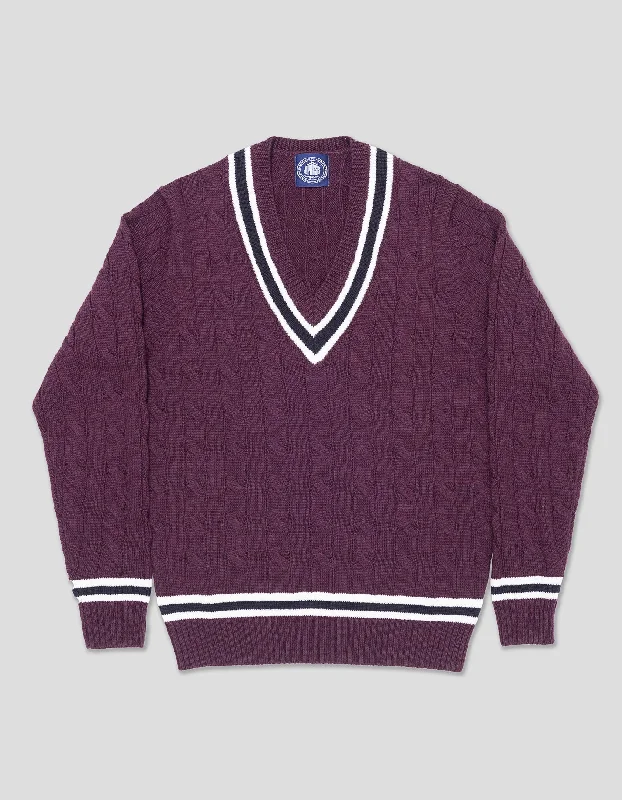 MERINO WOOL CRICKET CABLE V-NECK SWEATER - DARK PURPLE