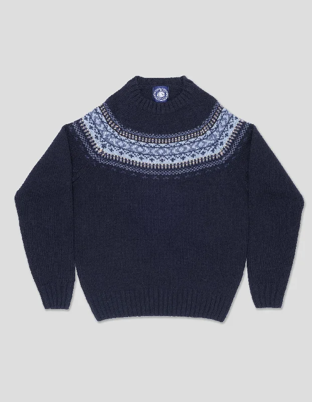 SHETLAND WOOL FAIR ISLE CREW NECK SWEATER - NAVY